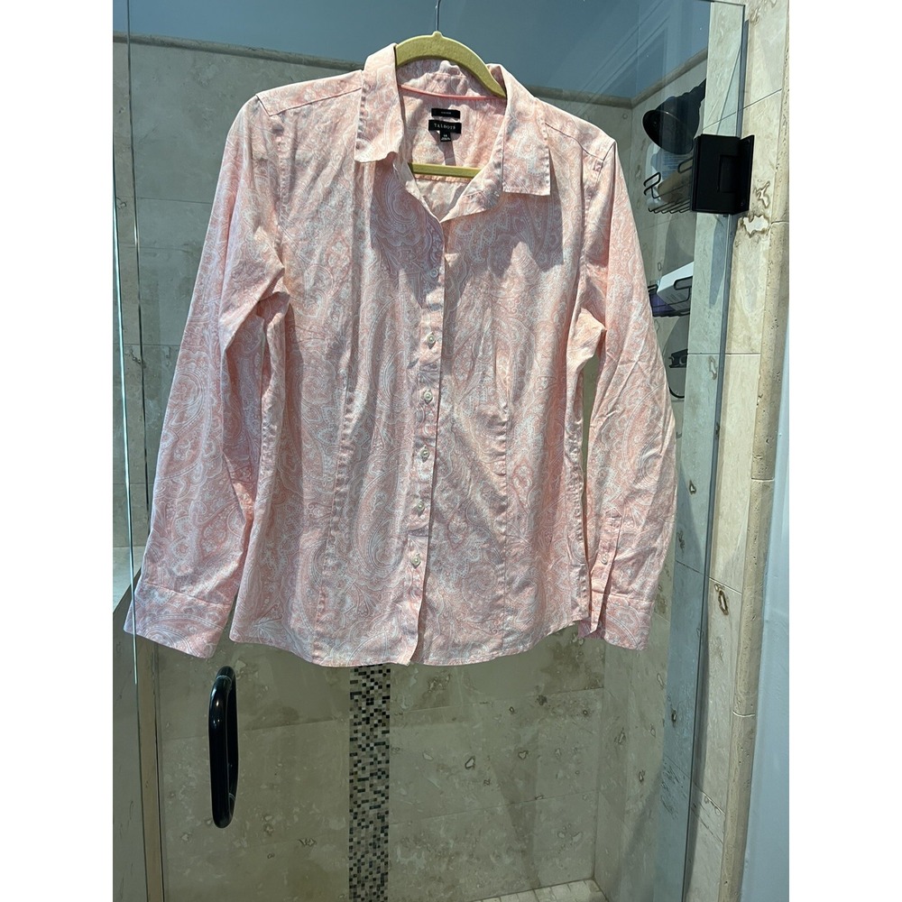 Talbots Women Blouse Pink Peach White Paisley Non-Iron Stretch Size 14
